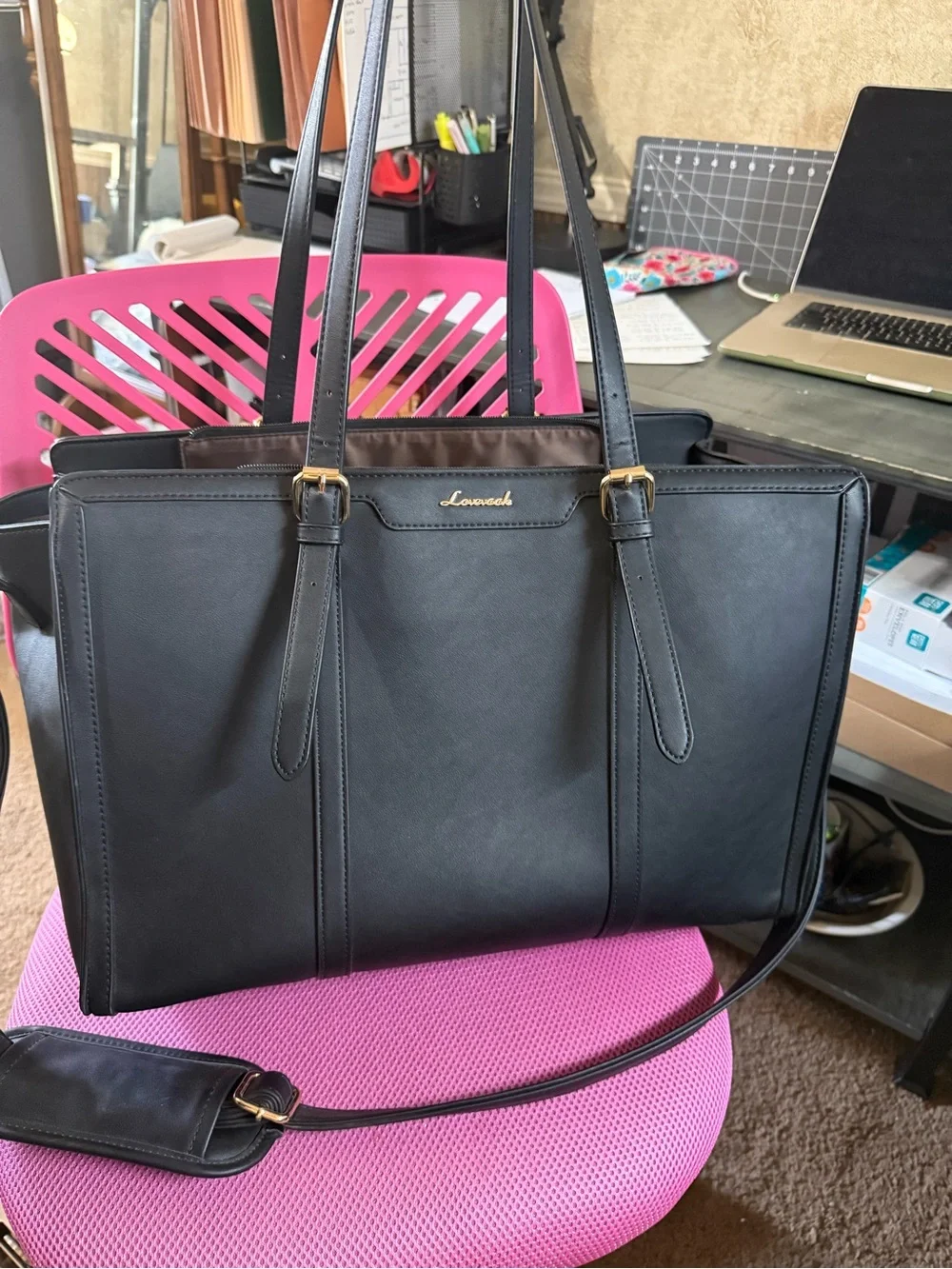 Black Women's Laptop Tote Bag - Professional Work Shoulder Bag